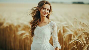 ai generato bellissimo donna con bionda capelli contento e sorridente nel un' bianca vestito su un' Grano campo ai generato foto