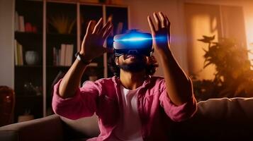 ai generato giovane uomo seduta su divano a casa indossare virtuale la realtà occhiali. giochi in linea gioco.ai generato foto
