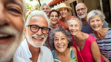 ai generato gruppo di elegante guardare anziano persone assunzione autoscatto con smartphone, contento e sorridente.ai generato foto