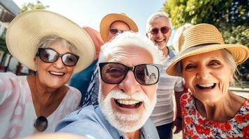 ai generato gruppo di elegante guardare anziano persone assunzione autoscatto con smartphone, contento e sorridente.ai generato foto