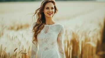 ai generato bellissimo donna con bionda capelli contento e sorridente nel un' bianca vestito su un' Grano campo ai generato foto