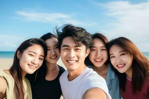ai generato asiatico gruppo di amici sorridente in posa per foto. con blu cielo e natura sfondo. ai generato foto