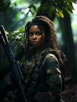 ai generato di carnagione scura giovane ragazza nel pieno lunghezza militare uniforme con arma nel mano nel il giungla. motorizzato di artificiale intelligenza. foto