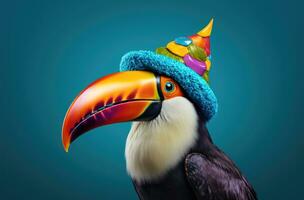 ai generato un' colorato tucano indossare un' compleanno cappello foto