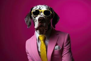 ai generato un' cane nel un' completo da uomo con occhiali da sole e un' giallo veste foto