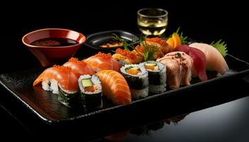 ai generato composizione Sushi impostare. giapponese cibo foto