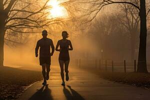 ai generato giovane coppia jogging nel il parco a Alba. salutare stile di vita, un' fiducioso donna d'affari consegna un' aziendale presentazione a un' seminario o conferenza, ai generato foto