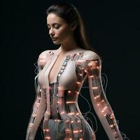 ai generato sostenibile moda con flessibile batterie e inteligente tessili. flessibile batteria energia nel capi di abbigliamento industria. indossabile tecnologia. indossabile innovazione. un' modello indossare futuristico vestito. foto