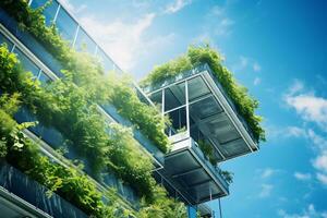 ai generato eco-friendly edificio nel il moderno città. sostenibile bicchiere ufficio edificio con albero per riducendo carbonio biossido. ufficio edificio con verde ambiente. aziendale edificio ridurre co2. foto