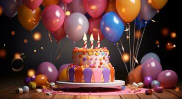ai generato un' compleanno torta è visualizzato con illuminato candele su superiore foto