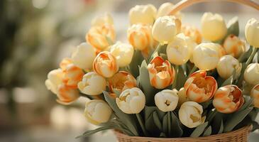 ai generato un' cestino di arancia e bianca tulipani su un' In piedi foto