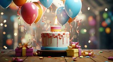 ai generato un' compleanno torta è visualizzato con illuminato candele su superiore foto