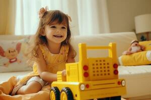 ai generato carino contento ragazza giocando con giocattoli su giocattolo camion foto
