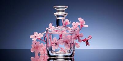 ai generato Immagine di profumo bottiglia con fiore petali foto