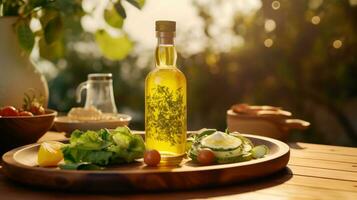 ai generato oliva olio e fresco verde olive su il verde erba foto