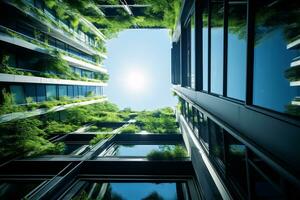 ai generato eco-friendly edificio nel il moderno città. sostenibile bicchiere ufficio edificio con albero per riducendo carbonio biossido. ufficio edificio con verde ambiente. aziendale edificio ridurre co2. foto