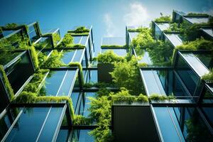 ai generato eco-friendly edificio nel il moderno città. sostenibile bicchiere ufficio edificio con albero per riducendo carbonio biossido. ufficio edificio con verde ambiente. aziendale edificio ridurre co2. foto