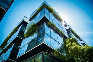 ai generato eco-friendly edificio nel il moderno città. sostenibile bicchiere ufficio edificio con albero per riducendo carbonio biossido. ufficio edificio con verde ambiente. aziendale edificio ridurre co2. foto