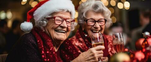 ai generato Due vecchio donne festeggiare Natale con un' htm Natale pasto foto