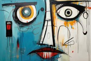 ai generato graffiti su il parete, umano viso, disegno di olio vernici, astratto espressionismo rappresentazione di un' viso, ai generato foto