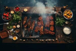 ai generato grigliato carne con spezie su un' di legno tavolo. superiore Visualizza, barbecue cucinando all'aperto tempo libero festa, superiore Visualizza, ai generato foto