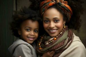 ai generato africano americano madre e figlia nel un' Grano campo a tramonto, un africano americano madre e figlia, ai generato foto