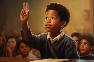 ai generato ritratto di afroamericano ragazzo raccolta mano nel aula a scuola, un africano americano ragazzo solleva il suo mano per un risposta nel classe, ai generato foto