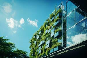 ai generato eco-friendly edificio nel il moderno città. sostenibile bicchiere ufficio edificio con albero per riducendo carbonio biossido. ufficio edificio con verde ambiente. aziendale edificio ridurre co2. foto