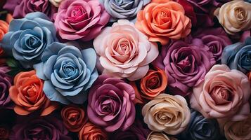 ai generato avvicinamento un' mazzo di colorato Rose fiore struttura sfondo per un' San Valentino giorno celebrazione o un' estate nozze. modello di rosa petali. Rose sfondo per amore e romanza. foto