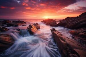 ai generato bellissimo paesaggio marino con lungo esposizione di onde Crashing su il rocce, bellissimo paesaggio marino a tramonto catturato attraverso un' lungo esposizione sparo, ai generato foto