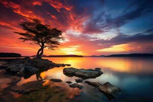 ai generato bellissimo paesaggio marino con solitario albero a tramonto, Tailandia, bellissimo tramonto a il lago nel Tailandia, catturato attraverso un' lungo esposizione sparo, ai generato foto