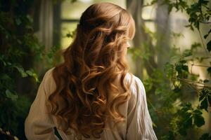 ai generato ritratto di bellissimo giovane donna con lungo Riccio capelli nel il giardino, bellissimo giovane donna con lungo capelli visto a partire dal il parte posteriore, ai generato foto