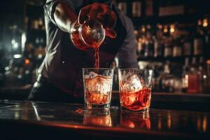 ai generato barista versa rosso cocktail a partire dal il jigger in il bicchiere, barista scrosciante e servendo alcolizzato bevande a il sbarra, ai generato foto