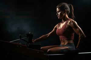 ai generato atletico donna Lavorando su nel il palestra. fitness, bodybuilding e salutare stile di vita concetto, un' femmina esercizio con canottaggio macchine, superiore sezione ritagliato, lato Visualizza, facce, ai generato foto