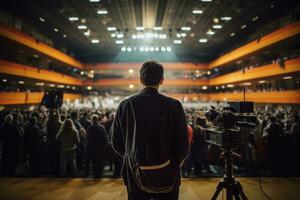 ai generato indietro Visualizza di un' uomo con un' telecamera su il sfondo di il auditorium, un' cineoperatore con un' professionale digitale telecamera sta nel davanti di un' conferenza sala, ai generato foto