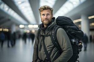 ai generato nomade Lavorando parlando su il Telefono nel un aeroporto terminale, foto