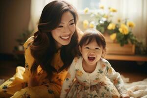 ai generato contento asiatico mamma Tenere sua figlia giocando insieme a casa. ai generato foto