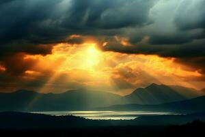 ai generato nube separato brillantezza raggio di luce del sole bagna montagna nel etereo bellezza foto