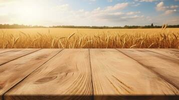 ai generato di legno tavolo superiore al di sopra di Grano campo foto