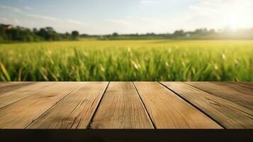 ai generato di legno tavolo superiore al di sopra di riso campo con sole nel sfondo foto