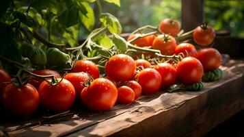 ai generato pomodori siamo su un' di legno tavolo con luce del sole splendente attraverso foto