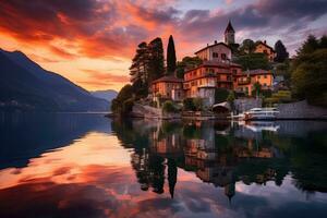 ai generato sereno paesaggio con case su acqua costa. ai generato foto