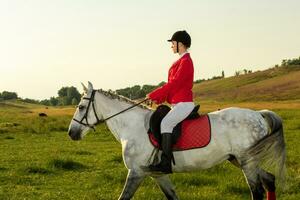 giovane donna cavaliere, indossare rosso redingote e bianca calzoni, con sua cavallo nel sera tramonto luce. foto