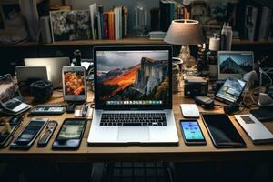 ai generato fotografo Lavorando con il computer portatile e attrezzatura su di legno tavolo nel buio camera, un' fotografo assunzione un' immagine di un' ghepardo nel masai mara, kenya, ai generato foto