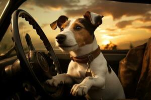 ai generato Jack russell terrier cane guida un' auto a tramonto, un' Jack russell terrier cane è catturato nel un' auto su il strada, ai generato foto