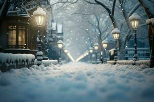 ai generato strada la tranquillità morbido i fiocchi di neve scendere, copertura il silenzioso dintorni delicatamente foto