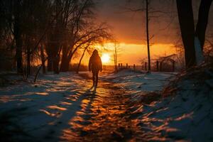 ai generato tramonto vagabondo individuale attraversa nevoso sentiero su inverno sera foto