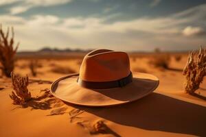 ai generato moda incontra natura un' cappello Aggiunge fiuto per sabbioso deserto foto