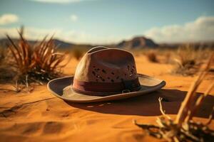 ai generato cappello a riposo su sabbioso deserto terreno, un oasi di stile foto