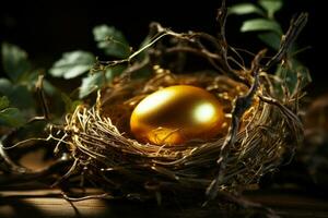 ai generato d'oro uovo luccica tra uccello nido ramoscelli, un' nature Tesoro foto